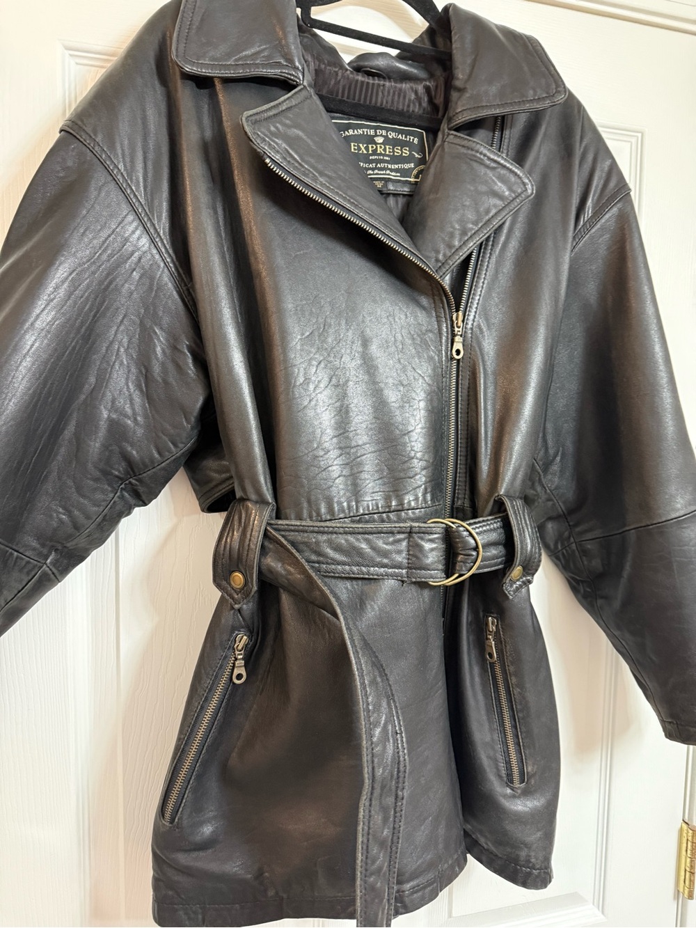Vintage 80s Express Black Belted Genuine Leather Trench Coat